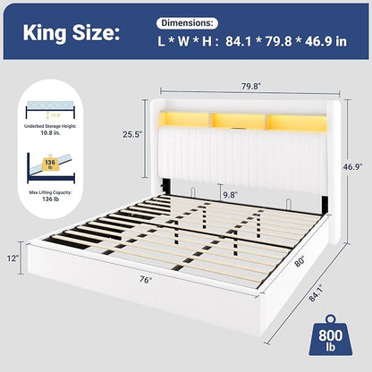 Allewie King Size Lift Up Hydraulic Storage Bed Frame, 2-Tier Shelf Headboard with LED Lights and Charging Station, USB and Type C Ports, Wingback Velvet Headboard, No Box Spring Needed, White