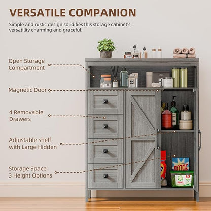 Vabches Farmhouse Storage Cabinet with 2 Doors and 4 Drawers, Freestanding Bathroom Compartment, Kitchen Pantry Cabinet, Floor Cupboard for Kitchen/Living Room/Bathroom （Wash Grey）