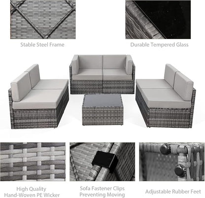 U-MAX 7 Piece Outdoor Patio Furniture Set, PE Rattan Outdoor Wicker Sectional Furniture Chair Set with Cushions and Tea Table, Grey Rattan and Grey Cushion