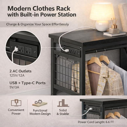 Simple Deluxe Storage Clothes Rack with 6 Drawers, Charging Station & LED Lights, Fabric Chest Shelves Clothing Rack, Wooden Portable Wardrobe Closet, 49.2" W x 15.7" D x 47.2" H, Black
