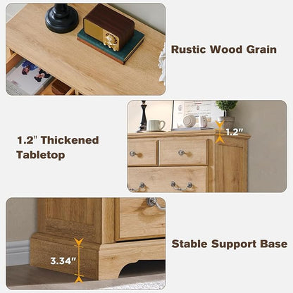 T4TREAM Farmhouse Dressers & Night Stand Set of 4, 54" Wide 7 Drawer Dresser & 48" Tall 6 Drawers Chests, 18" Wide 2 Drawers Side Table Set of 2, Furniture Dresser Sets for Home, Natural Oak