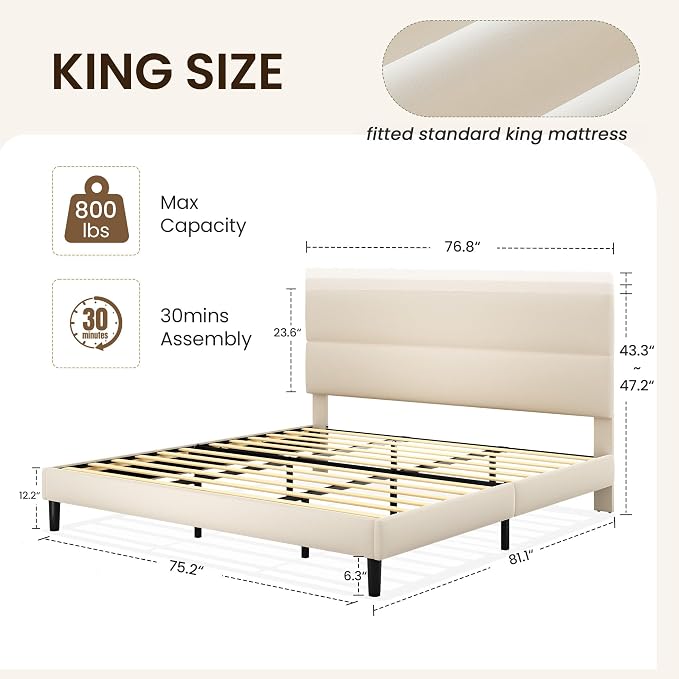 GRUSIGN King Size Platform Bed Frame with Velvet Headboard, Adjustable Height Wooden Slats Support, Upholstered Mattress Foundation, Fits Mattress or Mattress with Box Spring, Easy Assembly, Beige
