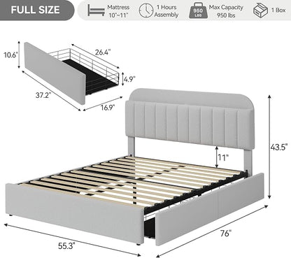Garvee Full Size Bed Frame with 2 Flexible Drawers, Boucle Upholstered Platform Bed Frame with Bookcase Headboard, Bedframe for Kids/Boys, Easy Assembly, No Box Spring Needed, Noise Free, Grey