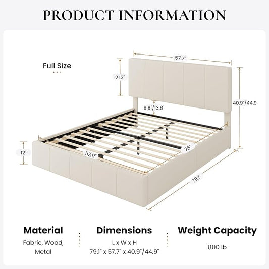 SHA CERLIN Full Size Bed Frame, Dutch Velvet Upholstered Platform Bed, Vertical Channel Tufted Adjustable Headboard, Low Profile Bed Frame, No Box Spring Needed, Easy Assembly, Cream