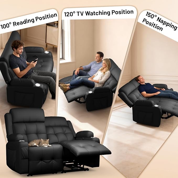 Reclining Loveseat, Wall-Hugger Loveseat Recliner Design with USB/Type C Charging & Storage & Cupholder, Pebble-Weave Fabric Recliner Sofa Couch for Living Room, Home Theater & RV Use