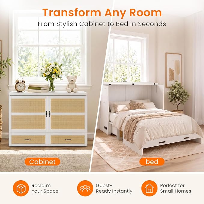 CECER Queen Size Murphy Bed with Mattress for Guest/Small Space-White | Built-in Multi-Port Charging Station ＆ Large Storage Drawer，Space Saving ＆ Easy Assemble and Conversion