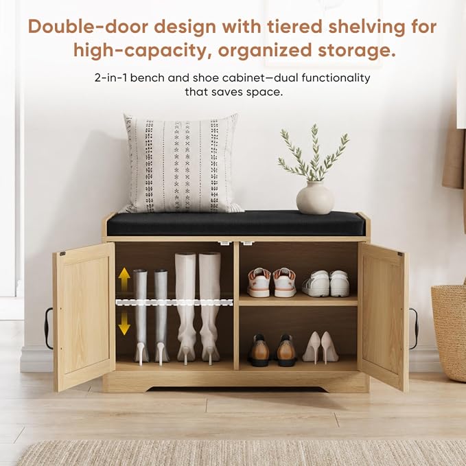 Entryway Shoe Storage Bench with Upholstered Seat, Double Door Cabinet, Adjustable Shelving, Slatted Front, Engineered Wood Organizer for Hallway, Foyer, Mudroom, Bedroom, Walk-In Closet (Oak)
