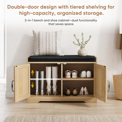 Entryway Shoe Storage Bench with Upholstered Seat, Double Door Cabinet, Adjustable Shelving, Slatted Front, Engineered Wood Organizer for Hallway, Foyer, Mudroom, Bedroom, Walk-In Closet (Oak)