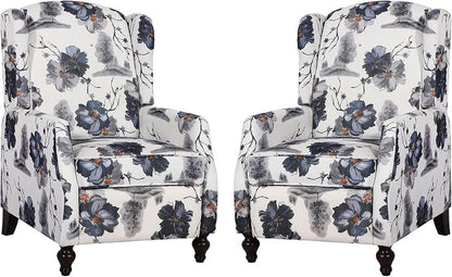 Upholstered Wingback Recliner Chair, Mid Century Modern Manual Push Back Recliner for Living Room, Bedroom (2, Blue Floral)