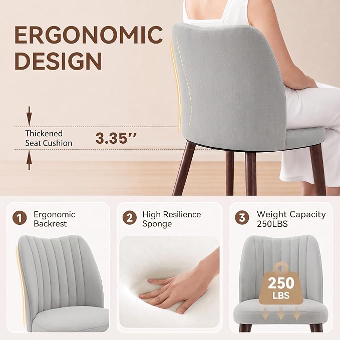Upholstered Dining Chairs Set of 4, Modern Fabric Dining Chairs with Curved Backrest & Solid Rubber Wood Legs, Padded Kitchen Dining Room Chairs for Restaurant Cafe, Light Grey