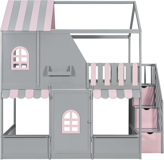 Merax Full Over Full Wood House Bunk Bed with Storage Staircase & Shelves, Floor Multifunction Bunk Bed with Full Length Gardrails for Bedroom,Playhouse Design, Roof & Door, Space Saving, Gray+Pink