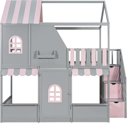 Merax Full Over Full Wood House Bunk Bed with Storage Staircase & Shelves, Floor Multifunction Bunk Bed with Full Length Gardrails for Bedroom,Playhouse Design, Roof & Door, Space Saving, Gray+Pink