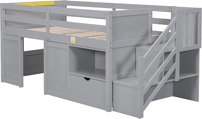 Bellemave Twin Size Low loft Bed for Kids,Wood Loft Beds,Modern Farmhouse Twin loft Bed,Loft Bed with Storage, No Box Spring Needed,for Kids,Gray