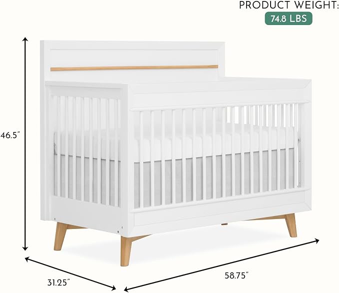Evolur Loft Antilia Mid-Century 4-in-1 Convertible Crib in White & Natural, GREENGUARD Gold Certified, Converts to Toddler Bed, Daybed & Full Bed, Fits Standard Crib Mattress, Adjustable Mattress Base