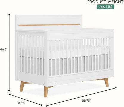 Evolur Loft Antilia Mid-Century 4-in-1 Convertible Crib in White & Natural, GREENGUARD Gold Certified, Converts to Toddler Bed, Daybed & Full Bed, Fits Standard Crib Mattress, Adjustable Mattress Base
