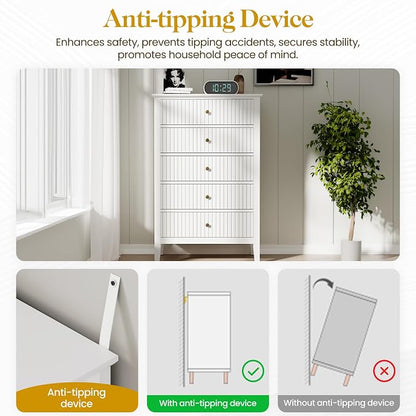 RoyalCraft White Fluted 5 Drawer Dresser for Bedroom, Tall Chest of Drawers, Waterproof Lacquered Desktop,Modern Wood Storage Cabinet for Living Room