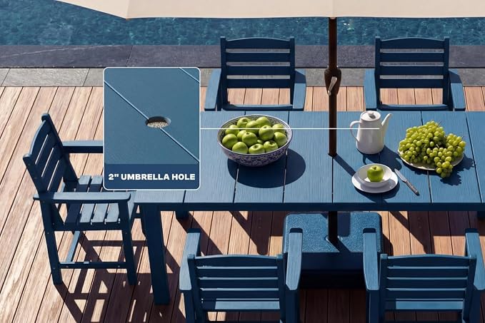 Perli™ 7-Piece Outdoor Dining Set, All-Weather HDPE Patio Furniture with 6 Ergonomic Chairs & Large Table, Built-in Umbrella Hole, UV-Resistant Set for Backyard, Deck, Poolside, Blue