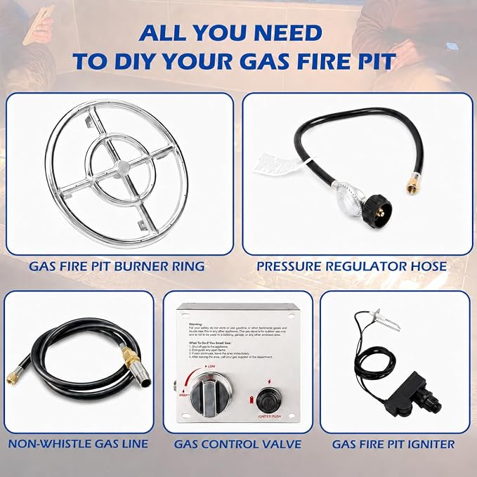 GRISUN Fire Pit Burner Ring Kit 12 Inch, Propane Fire Pit Kits, Come with Propane Fire Pit Hose Kit and Upgraded Gas Control Spark Ignition Kit, DIY Round Gas Fire Pit Kit, Stainless Steel