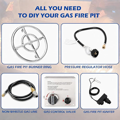 GRISUN Fire Pit Burner Ring Kit 12 Inch, Propane Fire Pit Kits, Come with Propane Fire Pit Hose Kit and Upgraded Gas Control Spark Ignition Kit, DIY Round Gas Fire Pit Kit, Stainless Steel