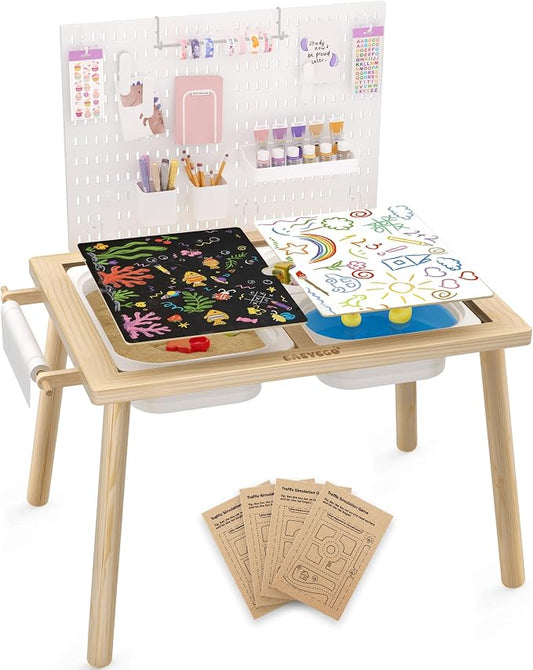 Easyego Sensory Table for Toddlers Kids Play Wooden Sand Water Table with Can DIY Creation Pegboard & Foldable Storage Bins for Indoor and Outdoor Use,Birthday Gifts for Boys and Girls - Natural Color