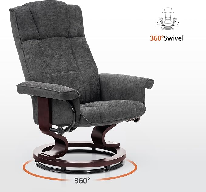 MCombo Manual Swivel Recliner with Ottoman, Chair Ottoman Set for RV Small Spaces, Living Room, Bedroom, Office 4919 (Chenille, Grey)