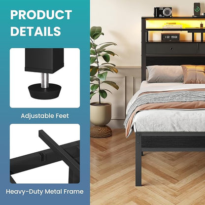 Sweetcrispy Bed Frame Twin Size with LED Lights and Charging Station, Sturdy Platform Beds Frame with Storage Drawers, 3-Tier Shelves and Under Bed Storage, No Box Spring Needed, Black