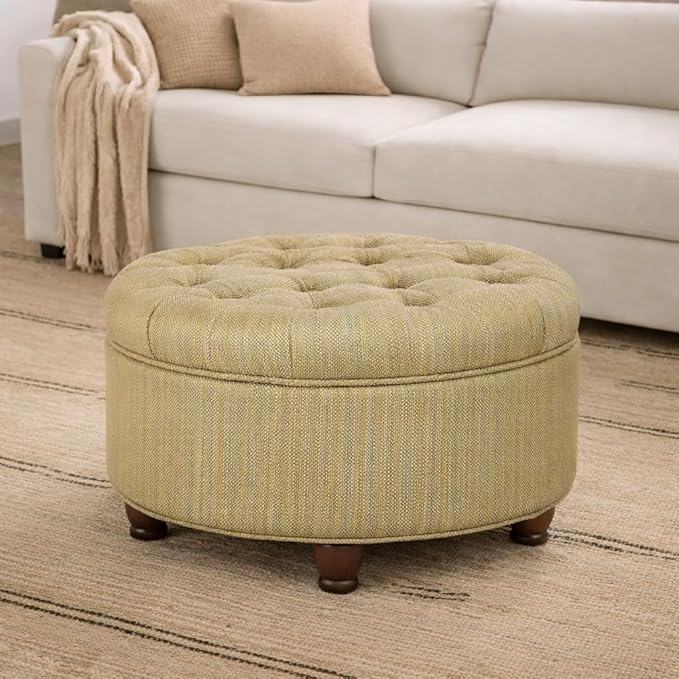 HomePop 25" Button Tufted Round Storage Ottoman - Tan & Cream Tweed