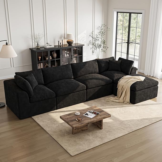 Cloud Sectional Couches for Living Room | 144 Inch L-Shaped Boneless Couch with Ottoman | Black Modular Sectionals Sofa Couch