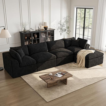 Cloud Sectional Couches for Living Room | 144 Inch L-Shaped Boneless Couch with Ottoman | Black Modular Sectionals Sofa Couch