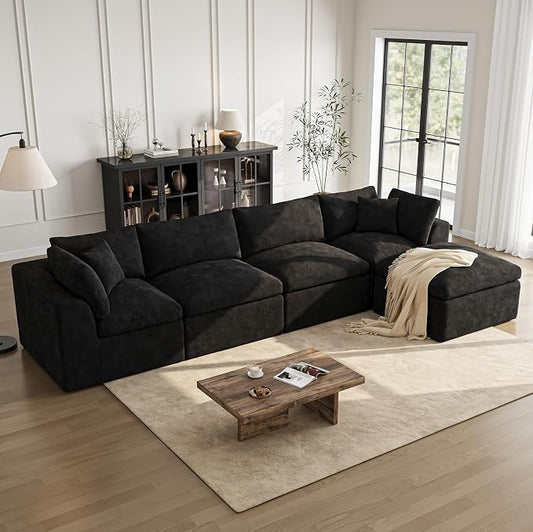 Cloud Sectional Couches for Living Room | 144 Inch L-Shaped Boneless Couch with Ottoman | Black Modular Sectionals Sofa Couch