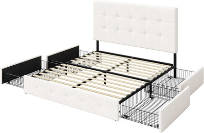 Allewie Upholstered Queen Size Platform Bed Frame with 4 Storage Drawers and Adjustable Headboard, Square Button Tufted, Wooden Slats Support, Noise-Free, No Box Spring Needed, Easy Assembly, White