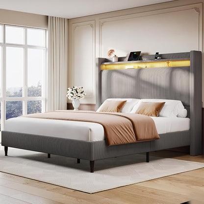 Queen Bed Frame with Tall Headboard, 55.3" Upholstered Platform Bed with LED Lights & Charging Station, Elegant Corduroy Bedframe, 2-tier Storage Wingback Headboard, No Box Spring Needed, Gray Brown
