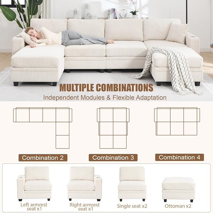 127" Modular Sectional Sofa with Storage, Corduroy 6-Seater U-Shaped Sofa with Ottoman Chaise, Cloud Sectional Couches for Living Room, Apartment
