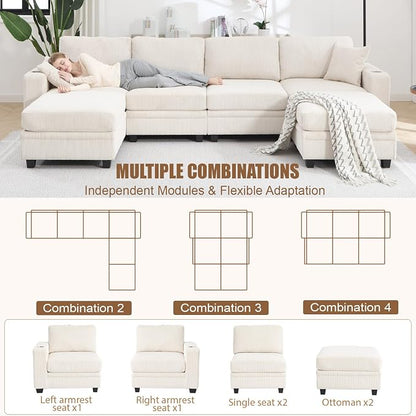 127" Modular Sectional Sofa with Storage, Corduroy 6-Seater U-Shaped Sofa with Ottoman Chaise, Cloud Sectional Couches for Living Room, Apartment