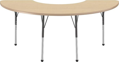 FDP Half Moon Activity School and Office Table (36 x 72 inch), Standard Legs with Ball Glides for Collaborative Seating Environments, Adjustable Height 19-30 inches - Maple Top and Maple Edge