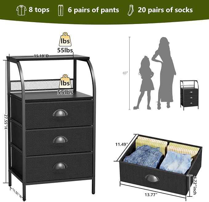 Night Stand Set 2, Nightstand with 3 Fabric Drawers and 2-Tier Shelf, Small Dresser Organizer, Bedside Table with Storage, End Table for Bedroom, Steel Frame, Wood Top, Black