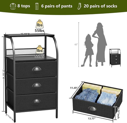 Night Stand Set 2, Nightstand with 3 Fabric Drawers and 2-Tier Shelf, Small Dresser Organizer, Bedside Table with Storage, End Table for Bedroom, Steel Frame, Wood Top, Black