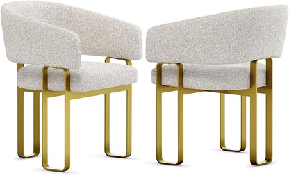 Dining Chairs Set of 2, Luxury Off White Boucle Upholstered Barrel Dining Room Chairs with Armrest & Brushed Gold Metal Frame for Kitchen