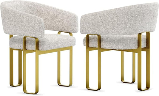 Dining Chairs Set of 2, Luxury Off White Boucle Upholstered Barrel Dining Room Chairs with Armrest & Brushed Gold Metal Frame for Kitchen