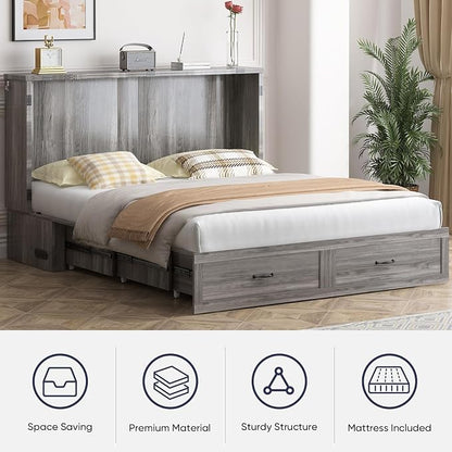 ijuicy Queen Murphy Cabinet Bed, with Mattress, Storage & Charge, Grey | Queen Murphy Bed Built-in multifunctional charging station & storage drawers, space-saving foldaway design for guest room.
