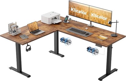 Klicelor L Shaped Standing Desk 63 x 55.1 Inch Dual Motors, Electric Height Adjustable Corner Desk for Home Office Workstation, Ergonomic Sit Stand Computer Table with Memory Controller, Rustic Brown