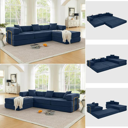 HANXIN 108 Inch Convertible Sleeper Sofa Bed, Folding Floor Mattress Couch with Fixed-Shape Frame, Futon Boneless Couch Lounge Loveseat with Pull Out Bed, No Assembly Required (Blue)
