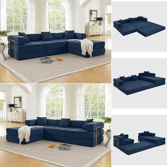 HANXIN 108 Inch Convertible Sleeper Sofa Bed, Folding Floor Mattress Couch with Fixed-Shape Frame, Futon Boneless Couch Lounge Loveseat with Pull Out Bed, No Assembly Required (Blue)