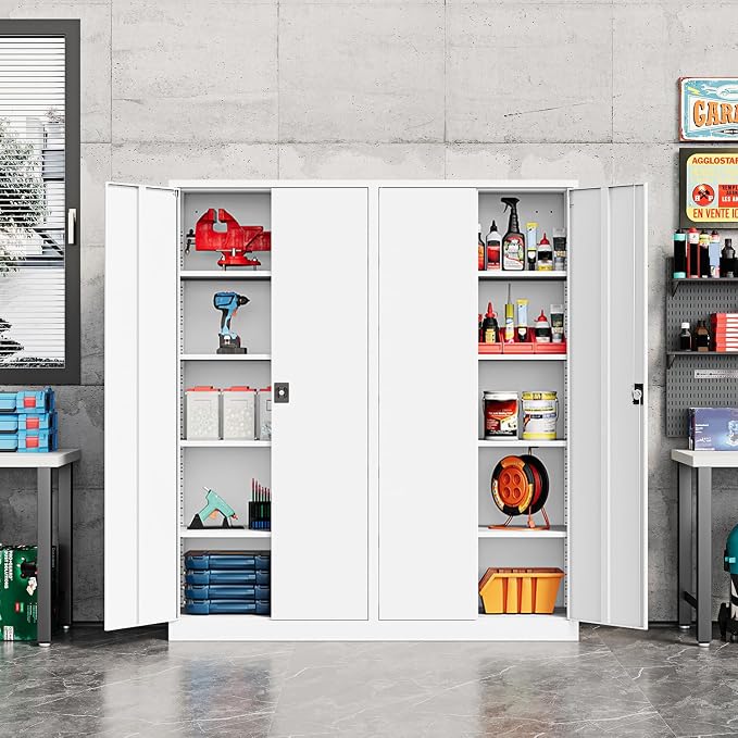 Fesbos Metal Storage Cabinet-72” Tall Steel File Cabinets with Lockable Doors and Adjustable Shelves-White Steel Storage Cabinet for Kitchen, Office, Garage