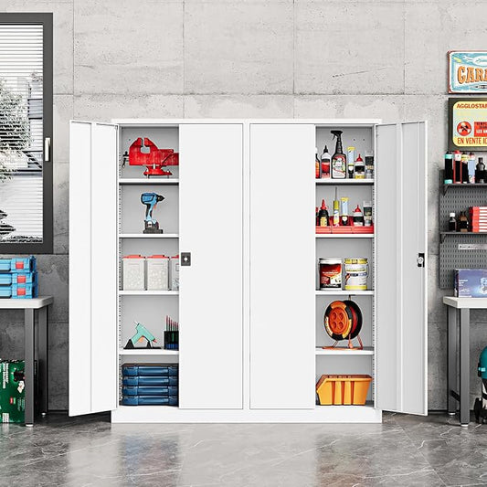 Fesbos Metal Storage Cabinet-72” Tall Steel File Cabinets with Lockable Doors and Adjustable Shelves-White Steel Storage Cabinet for Kitchen, Office, Garage
