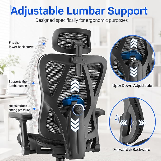 Ergonomic Office Chair, Full Mesh Desk Chair with 5D Armrests, Adjustable Lumbar Support and Headrest, 135° Stepless Reclining Backrest, Home Office Computer Chair