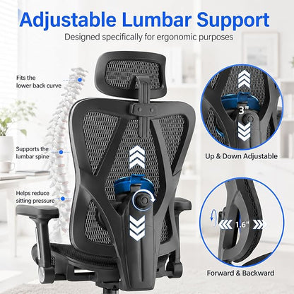 Ergonomic Office Chair, Full Mesh Desk Chair with 5D Armrests, Adjustable Lumbar Support and Headrest, 135° Stepless Reclining Backrest, Home Office Computer Chair