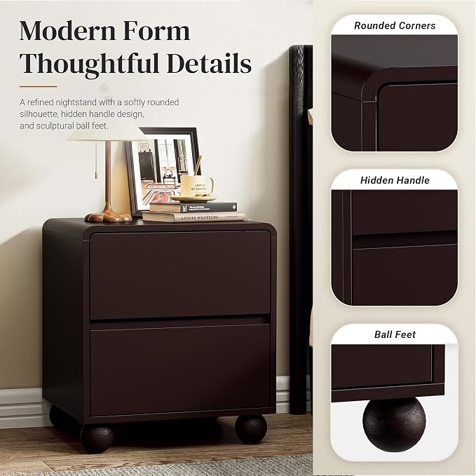 Furniway Brown Nightstand Set of 2, Modern 2 Drawer Bedside Table with Curved Profile Design and Handle-Free Drawers, Modern End Table with Storage for Bedroom