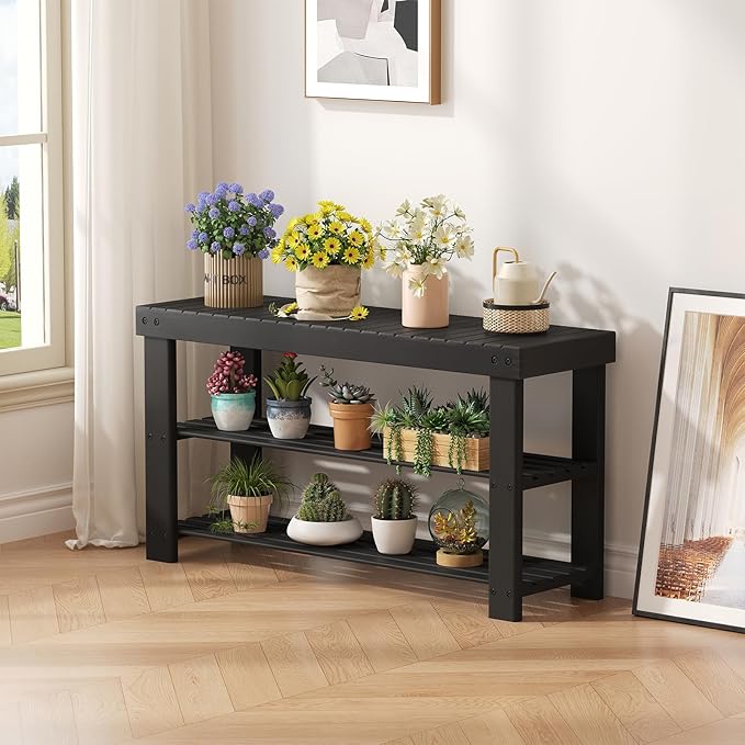 Sweetcrispy 3-Tier Shoe Rack Bench for Entryway, 35 Inches, Black | Bamboo Shoe Storage Bench, Shoes Rack for Entrance, Living Room, Balcony, 8 Pairs, 286lb Capacity