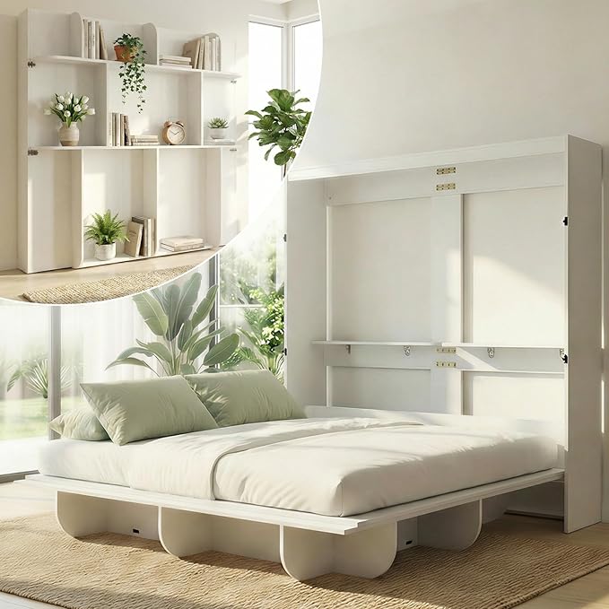 CECER Horizontal Murphy Bed Queen，Save Space for Offices/Guest-White | Multi-Functional Queen Murphy Cabinet Beds with Storage Shelf/Bookshelf，Sturdy frame ＆ Easy Assemble